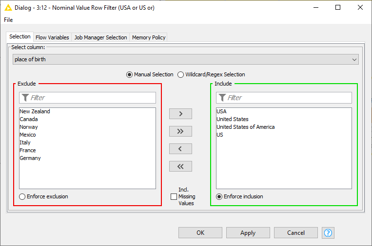 All Row Filters of KNIME