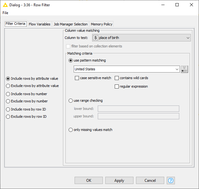 All Row Filters of KNIME