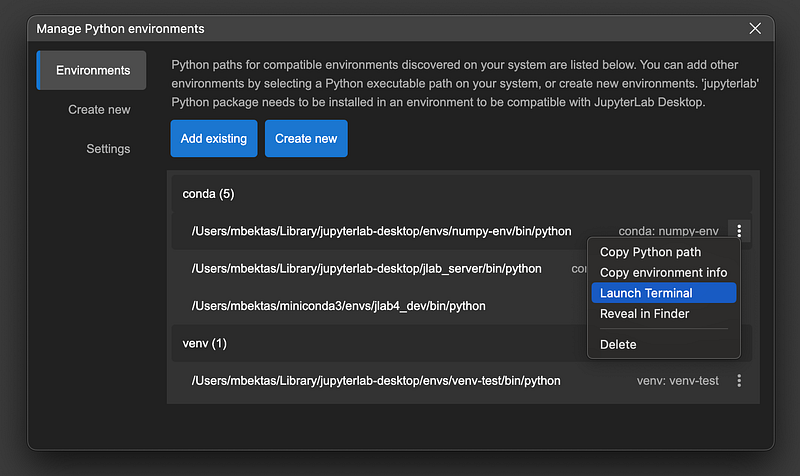 Python Environment management in JupyterLab Desktop