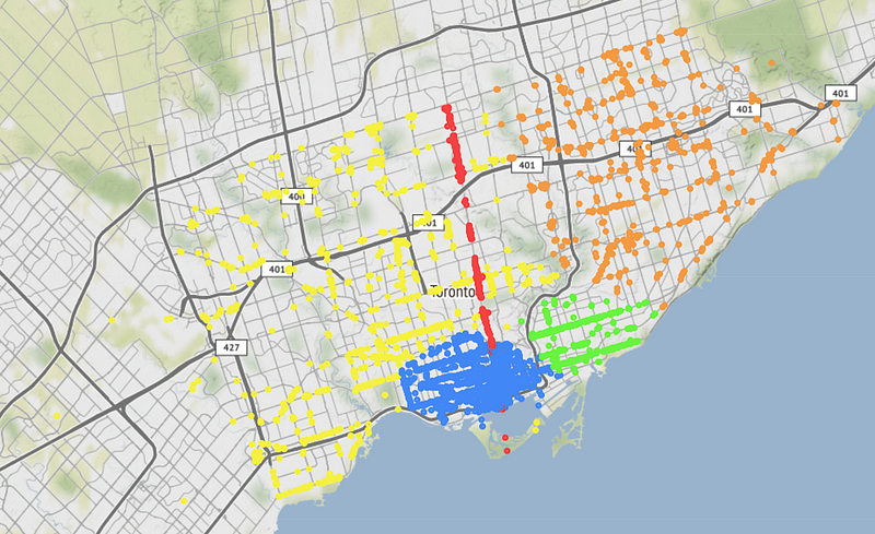 图 7：GMM 聚类覆盖多伦多地图