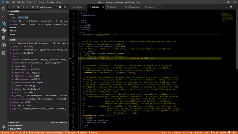 How to Debug an Angular Schematic using Visual Studio